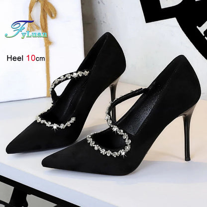 Gorgeous Women's Pumps Rhinestone Chain One Word Strap Design Fashion  Angola Red 10cm High Heels Ladies Nightclub Single Shoes - Prolificstore