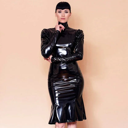Women Black Shiny Faux Leather Plus Size Mid Dresses Fashion Ladies Long Glossy PU Dress New Casual Hot Party Clubwear Dress