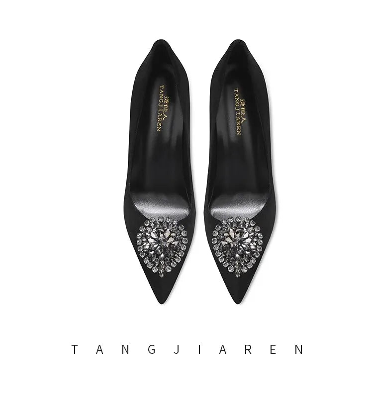 Black Velvet Womens High Heels Elegant Stiletto Pointed Toe Cover Heel Round Flower Pumps Rhinestone Satin Spring Autumn Shoes