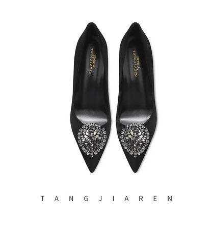 Black Velvet Womens High Heels Elegant Stiletto Pointed Toe Cover Heel Round Flower Pumps Rhinestone Satin Spring Autumn Shoes