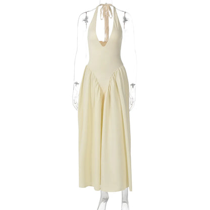Talenza Backless Deep V Spliced Long Dress Summer Women's Sexy Party Dress Halter New Fashion Slim White Sleeveless Long Dress