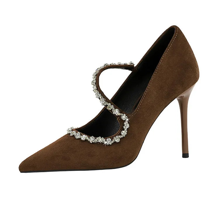 Gorgeous Women's Pumps Rhinestone Chain One Word Strap Design Fashion  Angola Red 10cm High Heels Ladies Nightclub Single Shoes - Prolificstore