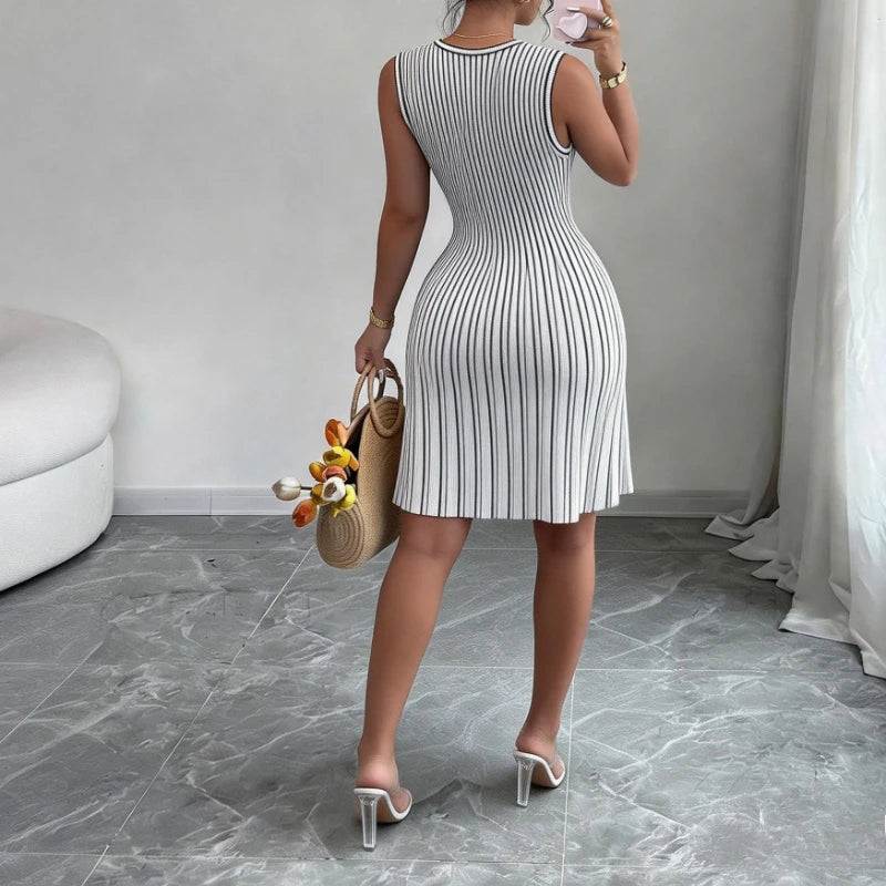 Women's Black Striped Sleeveless Crew Neck Elastic Sundress Ribbed Knit A-Line Mini Dress Casual Summer Party Vacation Dress