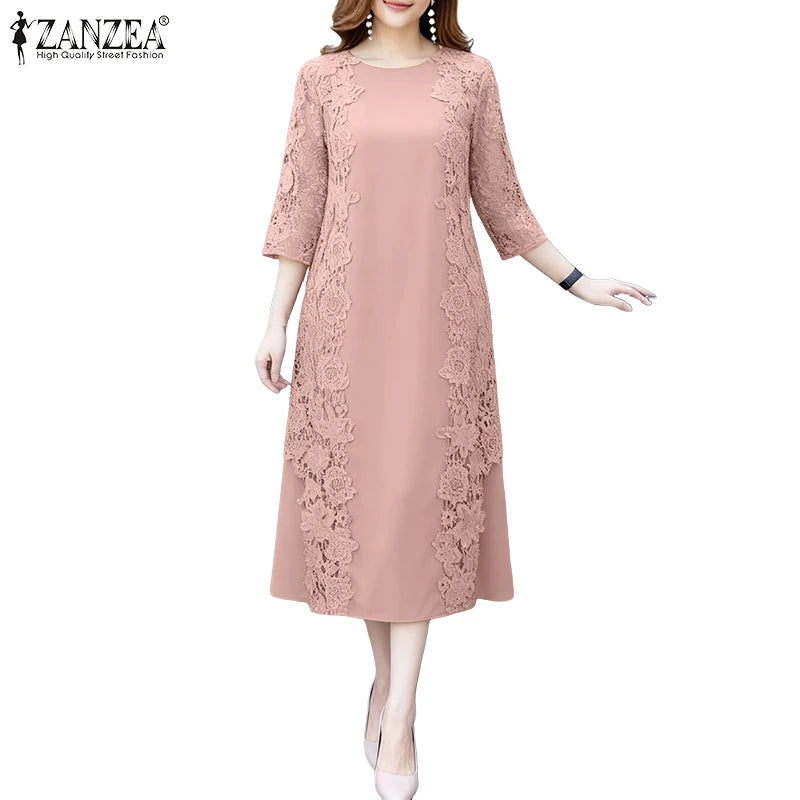 ZANZEA Women Stylish Lace Patchwork Dresses 2025 Autumn 3/4 Sleeve Office Sundress Embroidered Midi Robe Elegant Party Dress - Prolificstore