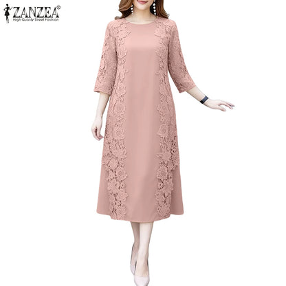 ZANZEA Women Stylish Lace Patchwork Dresses 2025 Autumn 3/4 Sleeve Office Sundress Embroidered Midi Robe Elegant Party Dress - Prolificstore