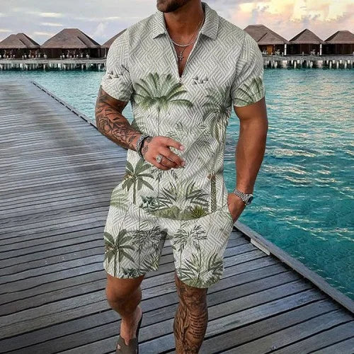 Summer New Men's 3D Printing Short Sleeve Zipper Polo Shirt Shorts Set  Men Casual  2-piece Vacation Beach Set - Prolificstore