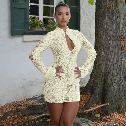 Hugcitar Turtleneck Long Flare Sleeve Patchwork Lace Hollow Out Button Sexy Mini Dress 2025 Spring Women Clothes Party Nightclub - Prolificstore