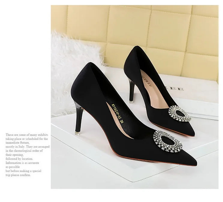 2025 New Shallow Mouth Women's Pumps Fashion Satin Rhinestone Round Buckle Stiletto Solid Color Pointed Sexy Ladies Single Shoes