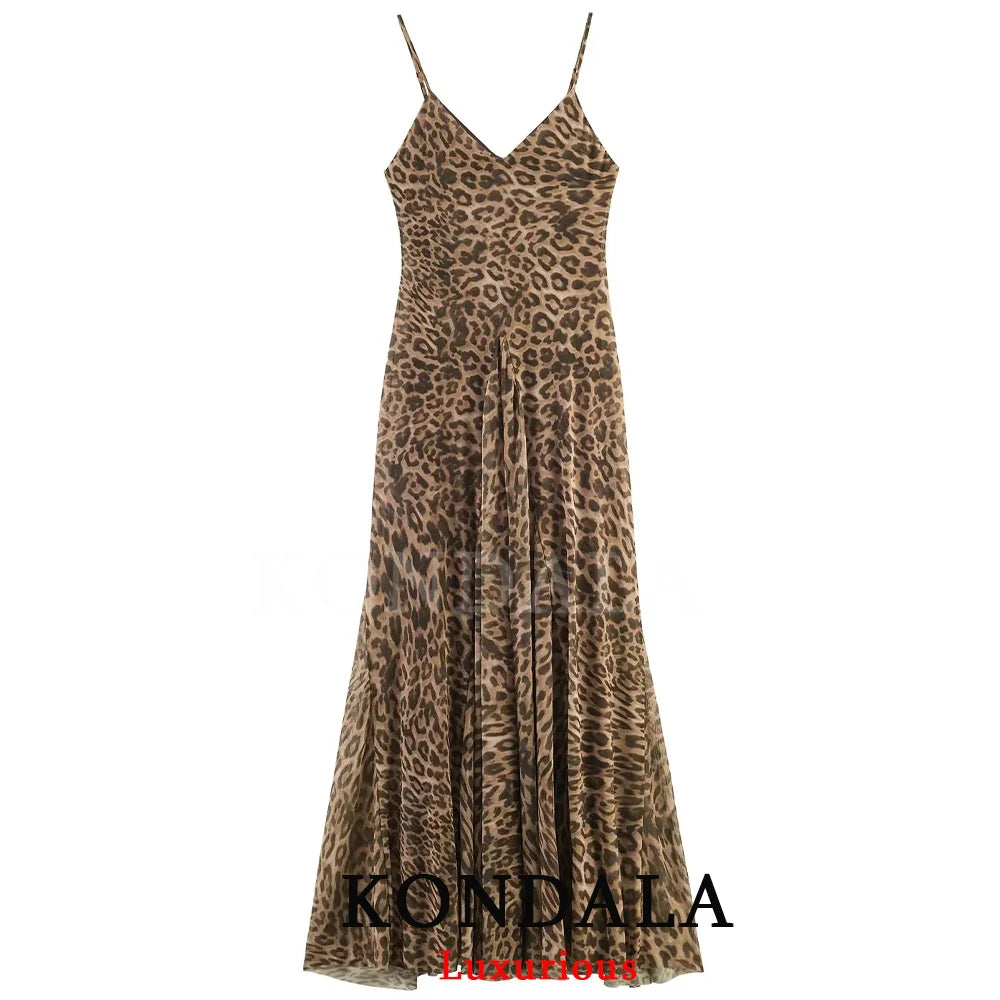 KONDALA Vintage Sexy Women Long Cami Chiffon Dress Leopard Beach Holiday Party Dress Fashion 2026 Spring Summer Elegant Dress - Prolificstore
