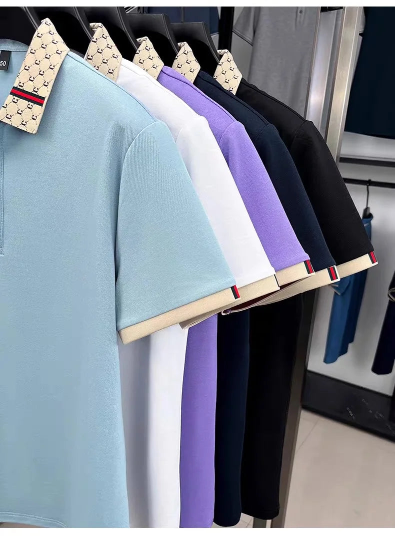 Luxury brand B letter embossed short sleeve polo shirt men summer lightweight breathable new fashion color blocked lapel T-shirt - Prolificstore