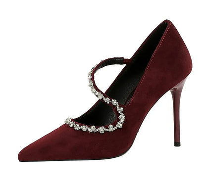 Gorgeous Women's Pumps Rhinestone Chain One Word Strap Design Fashion  Angola Red 10cm High Heels Ladies Nightclub Single Shoes - Prolificstore