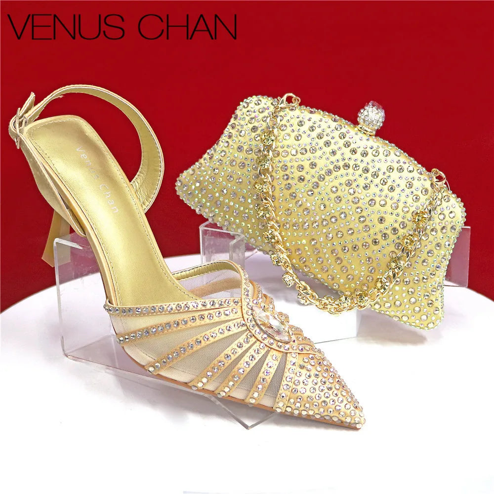2025 Elegant Fruit Green Women's Green Heels and Rhinestone Handbag Set - Italian Design for Weddings and Parties