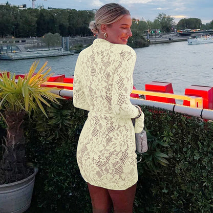 Hugcitar Turtleneck Long Flare Sleeve Patchwork Lace Hollow Out Button Sexy Mini Dress 2025 Spring Women Clothes Party Nightclub - Prolificstore
