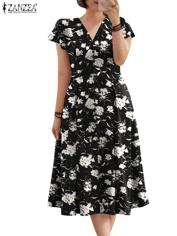 ZANZEA Summer OL Work Ruffle Sleeve Women Midi Dress  Casual Floral Print A-line Vestidos V Neck Waist Party Sundress Oversized - Prolificstore