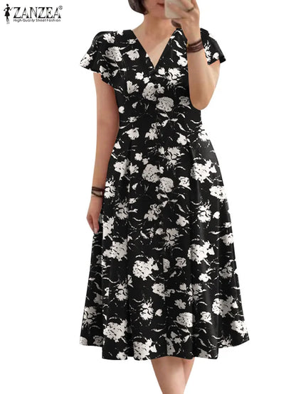 ZANZEA Summer OL Work Ruffle Sleeve Women Midi Dress  Casual Floral Print A-line Vestidos V Neck Waist Party Sundress Oversized - Prolificstore