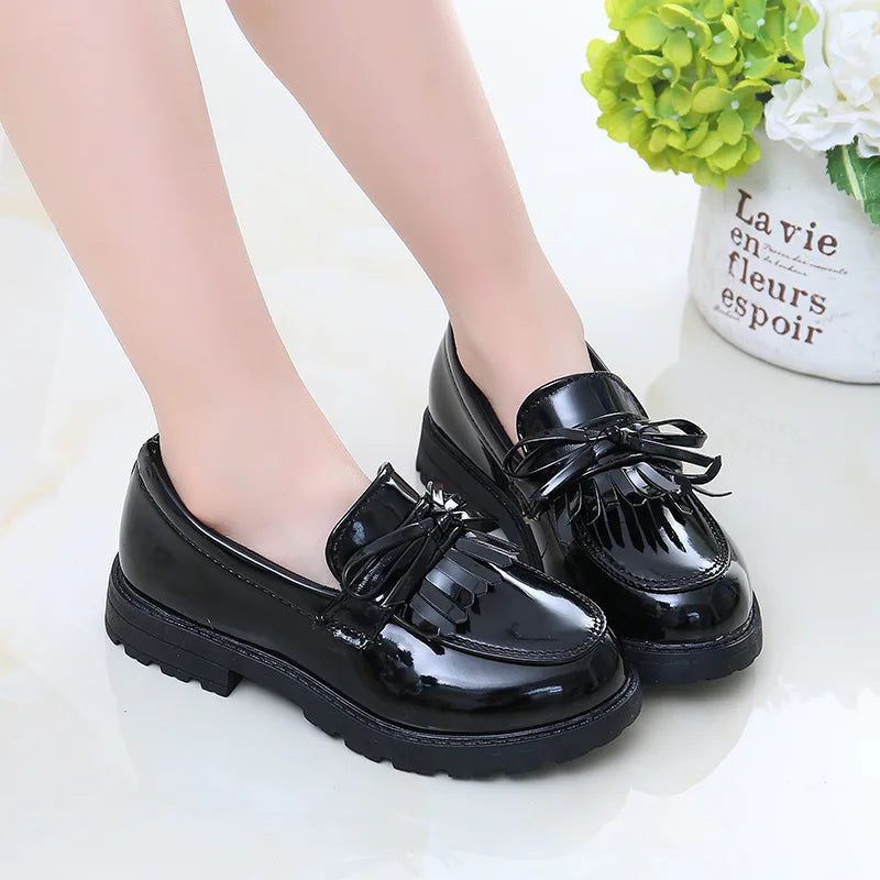 Girls Casual Leather Shoes Kids Flats Tassels with Bow-knot British Style Soft Slip-on Loafers for Wedding Party Bright Skin New - Prolificstore