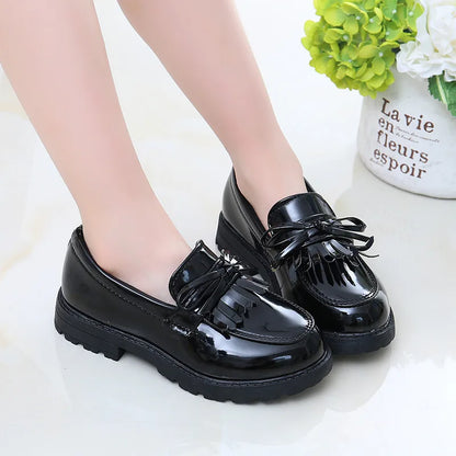 Girls Casual Leather Shoes Kids Flats Tassels with Bow-knot British Style Soft Slip-on Loafers for Wedding Party Bright Skin New - Prolificstore