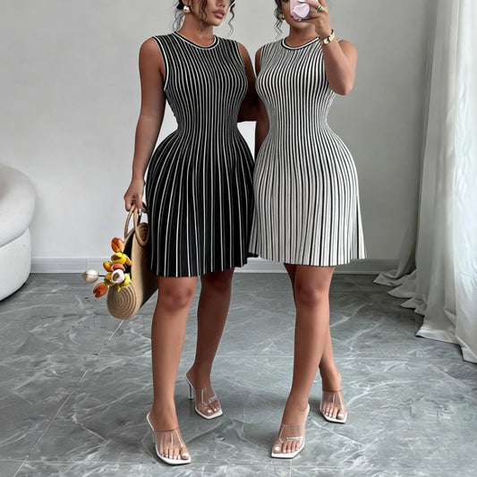Women's Black Striped Sleeveless Crew Neck Elastic Sundress Ribbed Knit A-Line Mini Dress Casual Summer Party Vacation Dress - Prolificstore