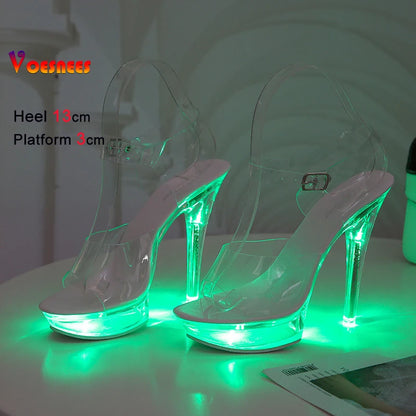 Summer Led Illuminated Women Slippers Super High Heel 13cm Crystal Ankle Buckle Sandals Transparent Platform Female Party Shoes