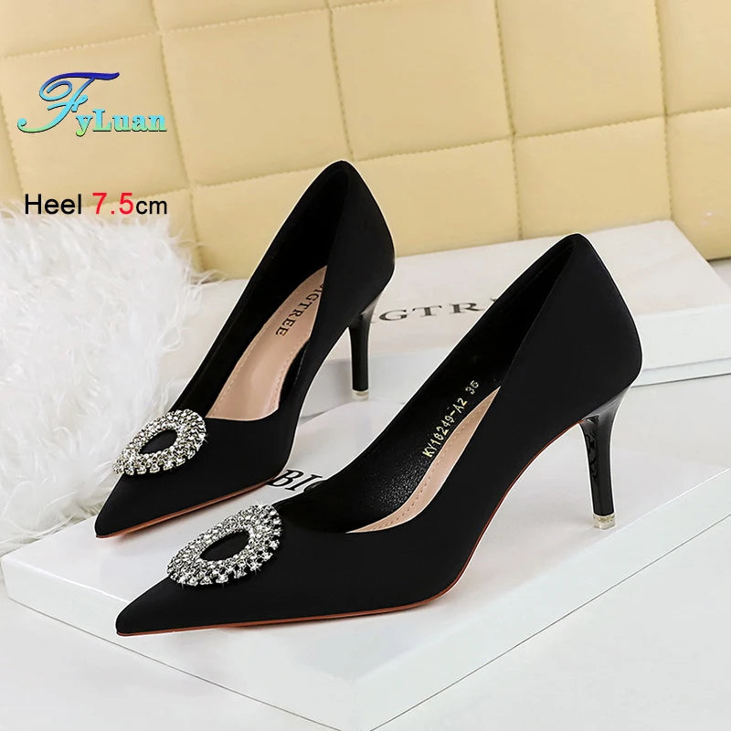 2025 New Shallow Mouth Women's Pumps Fashion Satin Rhinestone Round Buckle Stiletto Solid Color Pointed Sexy Ladies Single Shoes