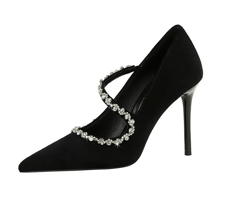 Gorgeous Women's Pumps Rhinestone Chain One Word Strap Design Fashion  Angola Red 10cm High Heels Ladies Nightclub Single Shoes - Prolificstore