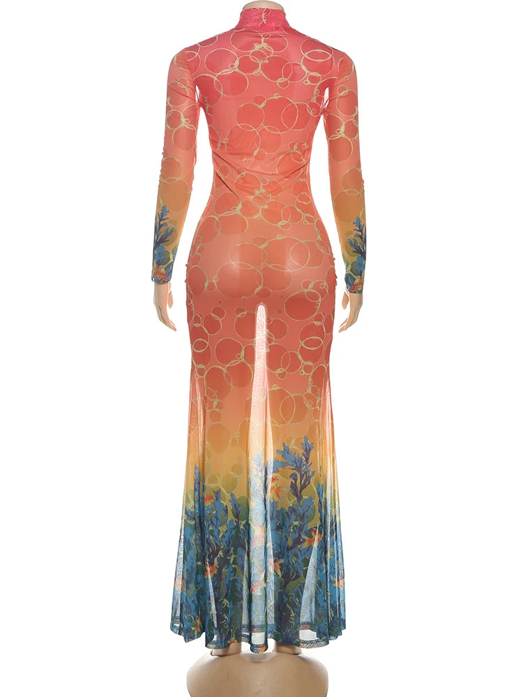 kliou Mesh Panelled Women Maxi Dress Sexy Stunning Point Print Full Sleeve O-neck Sheath Robe Mujer Hipster Festival Party Frock - Prolificstore