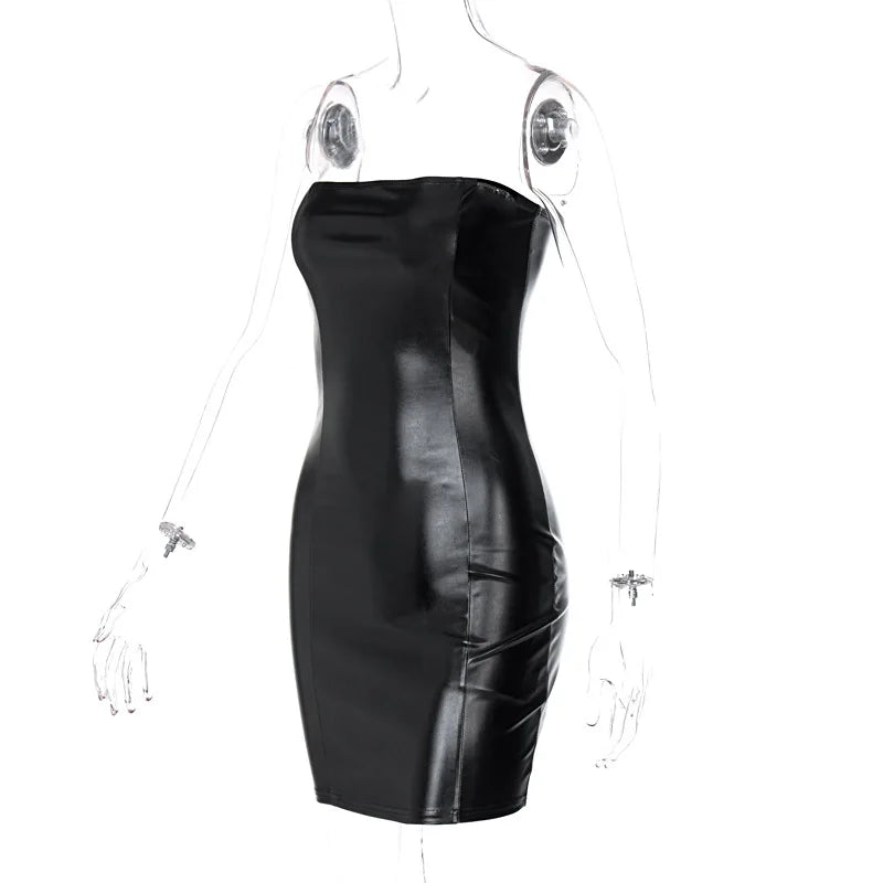 Hugcitar Pu Faux Leather Tube Mini Dress For Women Bodycon Sexy Streetwear Party Club Y2K Clothing Outfits Festival - Prolificstore