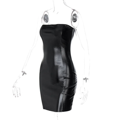 Hugcitar Pu Faux Leather Tube Mini Dress For Women Bodycon Sexy Streetwear Party Club Y2K Clothing Outfits Festival - Prolificstore