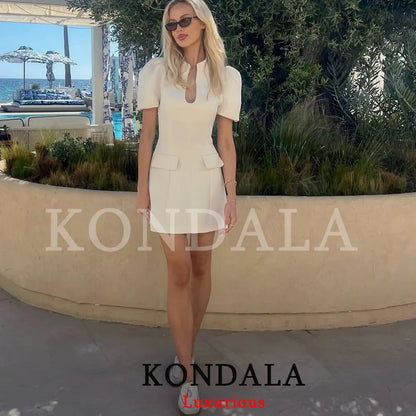 KONDALA Elegant Holiday Chic Women Mini Dress Black O-Neck Zipper Short Puff Sleeve Dress Fashion 2026 Spring Summer Party Dress - Prolificstore