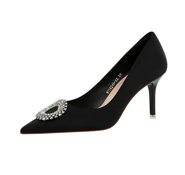 2025 New Shallow Mouth Women's Pumps Fashion Satin Rhinestone Round Buckle Stiletto Solid Color Pointed Sexy Ladies Single Shoes
