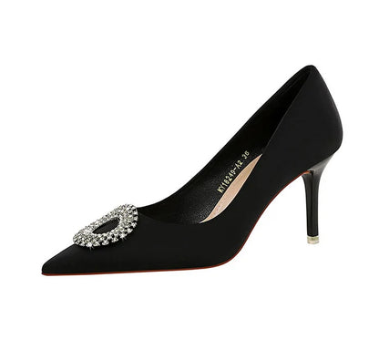 2025 New Shallow Mouth Women's Pumps Fashion Satin Rhinestone Round Buckle Stiletto Solid Color Pointed Sexy Ladies Single Shoes