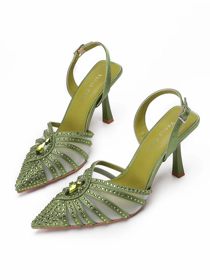 2025 Elegant Fruit Green Women's Green Heels and Rhinestone Handbag Set - Italian Design for Weddings and Parties