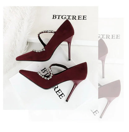 Gorgeous Women's Pumps Rhinestone Chain One Word Strap Design Fashion  Angola Red 10cm High Heels Ladies Nightclub Single Shoes - Prolificstore