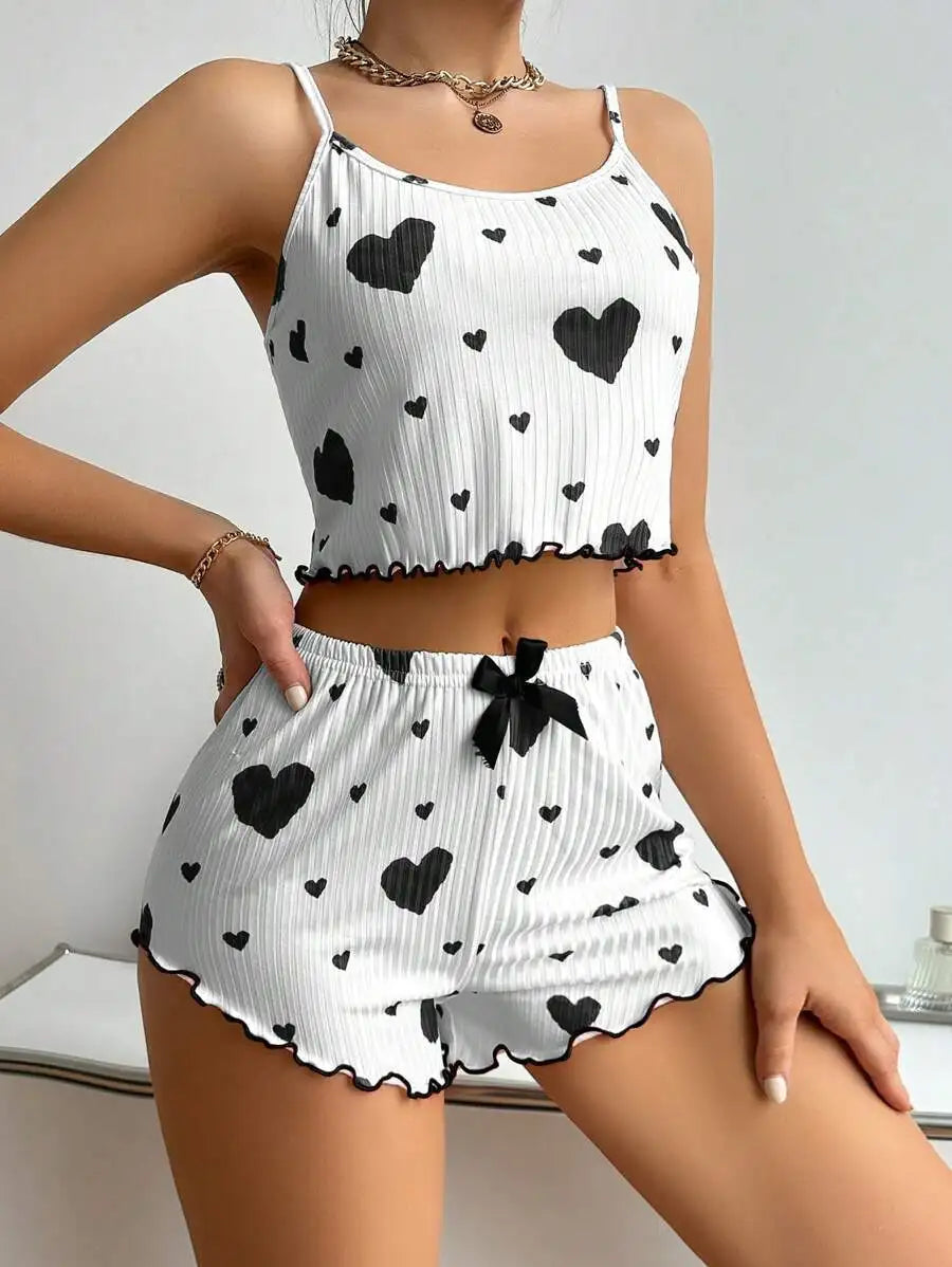 Women's Pajamas Set Sleepwear 2 PCS Short Tank Tops And Shorts S M L White Ventilate Soft Casual Love Printing - Prolificstore