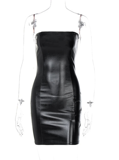 Hugcitar Pu Faux Leather Tube Mini Dress For Women Bodycon Sexy Streetwear Party Club Y2K Clothing Outfits Festival - Prolificstore