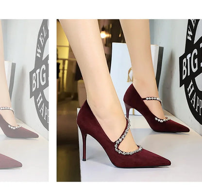 Gorgeous Women's Pumps Rhinestone Chain One Word Strap Design Fashion  Angola Red 10cm High Heels Ladies Nightclub Single Shoes - Prolificstore