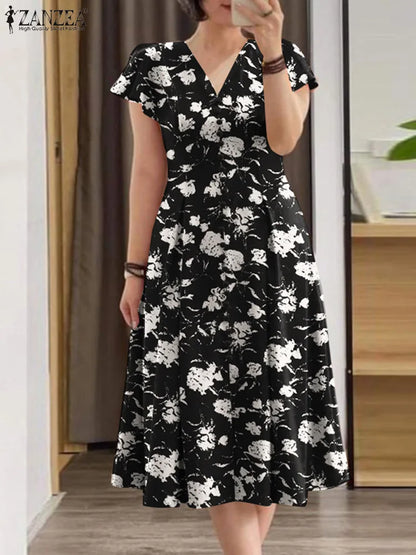 ZANZEA Summer OL Work Ruffle Sleeve Women Midi Dress  Casual Floral Print A-line Vestidos V Neck Waist Party Sundress Oversized - Prolificstore