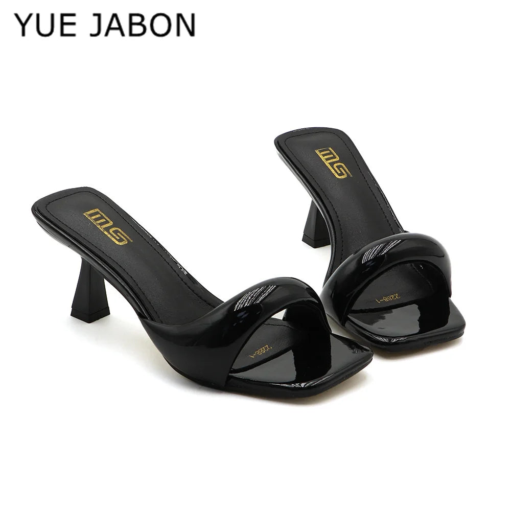 Black Red High Heel Slippers Women Open Toe Slingback Sandals Female Pumps Square Toe Summer Simple Designer Heeled Sandals - Prolificstore