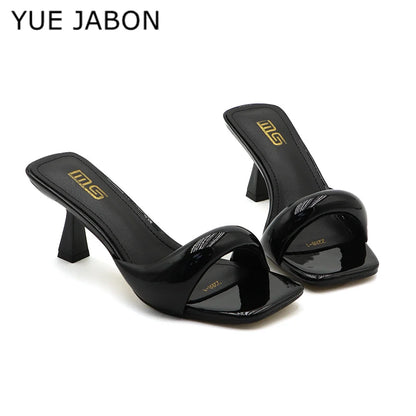 Black Red High Heel Slippers Women Open Toe Slingback Sandals Female Pumps Square Toe Summer Simple Designer Heeled Sandals - Prolificstore