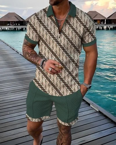 Summer New Men's 3D Printing Short Sleeve Zipper Polo Shirt Shorts Set  Men Casual  2-piece Vacation Beach Set - Prolificstore