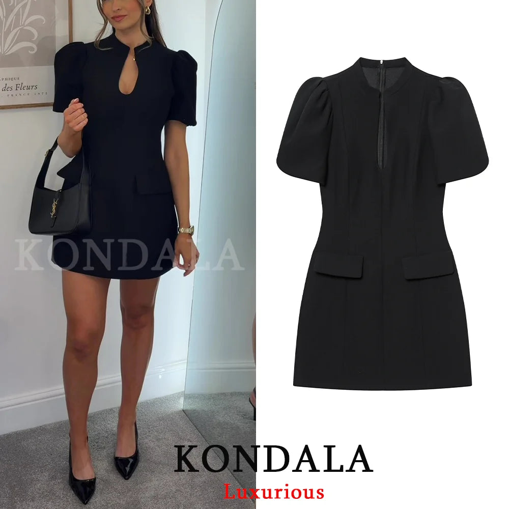 KONDALA Elegant Holiday Chic Women Mini Dress Black O-Neck Zipper Short Puff Sleeve Dress Fashion 2026 Spring Summer Party Dress - Prolificstore