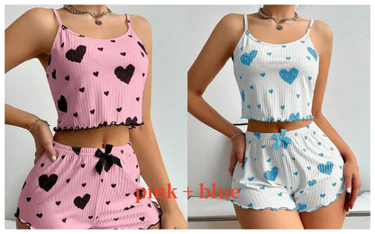 Women's Pajamas Set Sleepwear 2 PCS Short Tank Tops And Shorts S M L White Ventilate Soft Casual Love Printing - Prolificstore