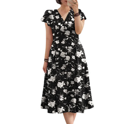 ZANZEA Summer OL Work Ruffle Sleeve Women Midi Dress  Casual Floral Print A-line Vestidos V Neck Waist Party Sundress Oversized - Prolificstore
