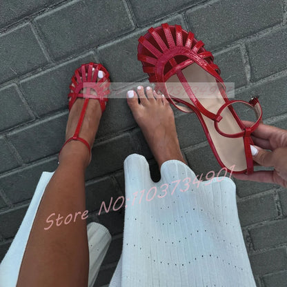 Red Caged Toe Sandals Women Sexy T-bar Round Toe Ankle Strap High Heels Shoes Ladies Casual Patent Leather Sandals