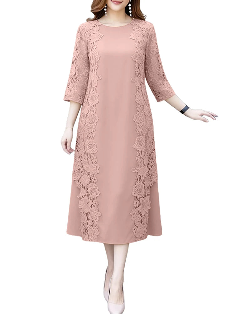 ZANZEA Women Stylish Lace Patchwork Dresses 2025 Autumn 3/4 Sleeve Office Sundress Embroidered Midi Robe Elegant Party Dress - Prolificstore