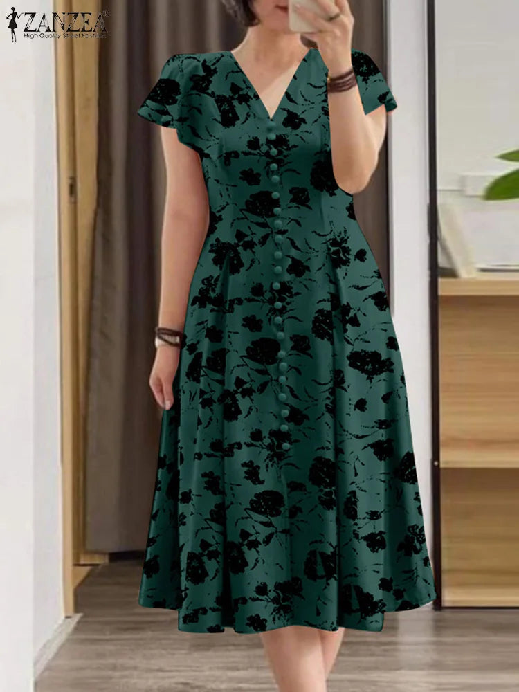 ZANZEA Summer OL Work Ruffle Sleeve Women Midi Dress  Casual Floral Print A-line Vestidos V Neck Waist Party Sundress Oversized - Prolificstore