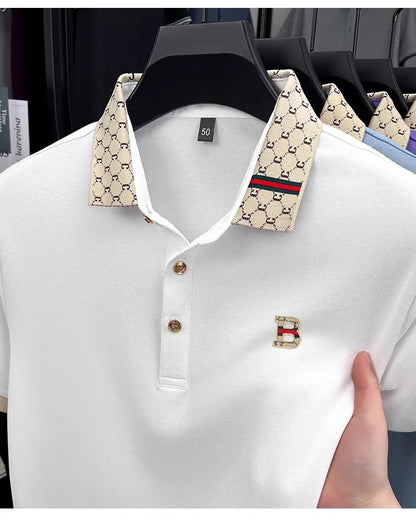 Luxury brand B letter embossed short sleeve polo shirt men summer lightweight breathable new fashion color blocked lapel T-shirt - Prolificstore