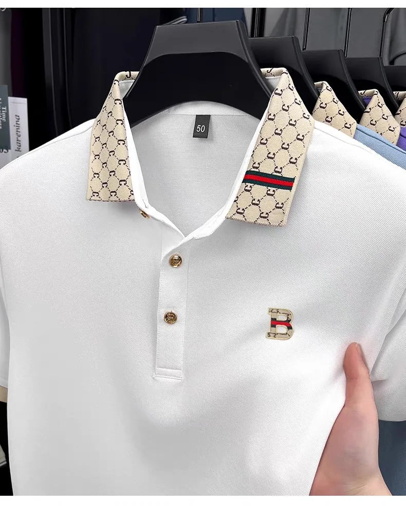 Luxury brand B letter embossed short sleeve polo shirt men summer lightweight breathable new fashion color blocked lapel T-shirt - Prolificstore