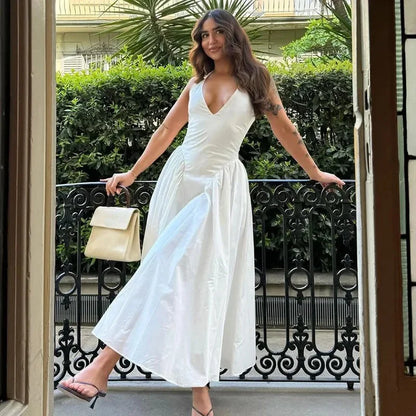 Talenza Backless Deep V Spliced Long Dress Summer Women's Sexy Party Dress Halter New Fashion Slim White Sleeveless Long Dress