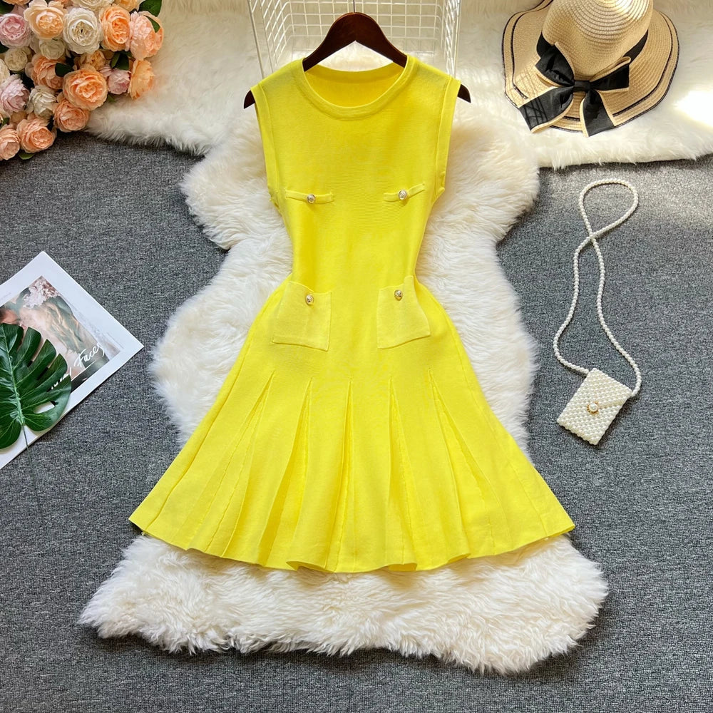 YuooMuoo Chic Fashion 2026 Summer Pleated Short Dress Women O-neck Slim Waist A-line Party Dress Streetwear Lady Outfits Vestido - Prolificstore